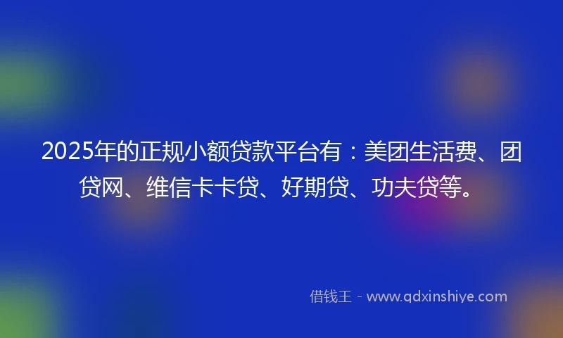 2025年的正规小额贷款平台有：美团生活费、团贷网、维信卡卡贷、好期贷、功夫贷等。