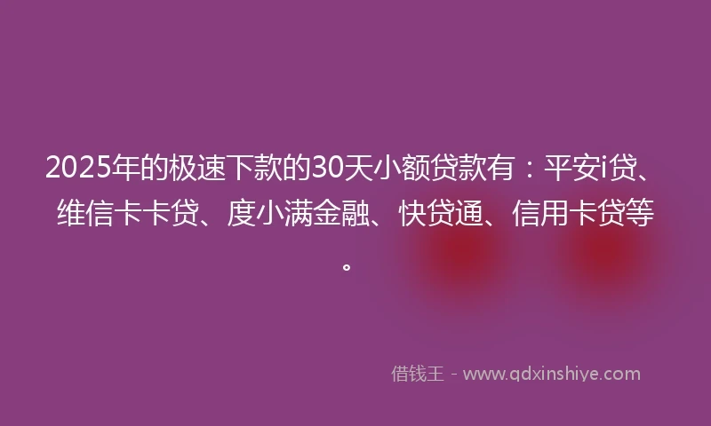 2025年的极速下款的30天小额贷款有：平安i贷、维信卡卡贷、度小满金融、快贷通、信用卡贷等。