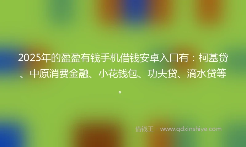 2025年的盈盈有钱手机借钱安卓入口有：柯基贷、中原消费金融、小花钱包、功夫贷、滴水贷等。
