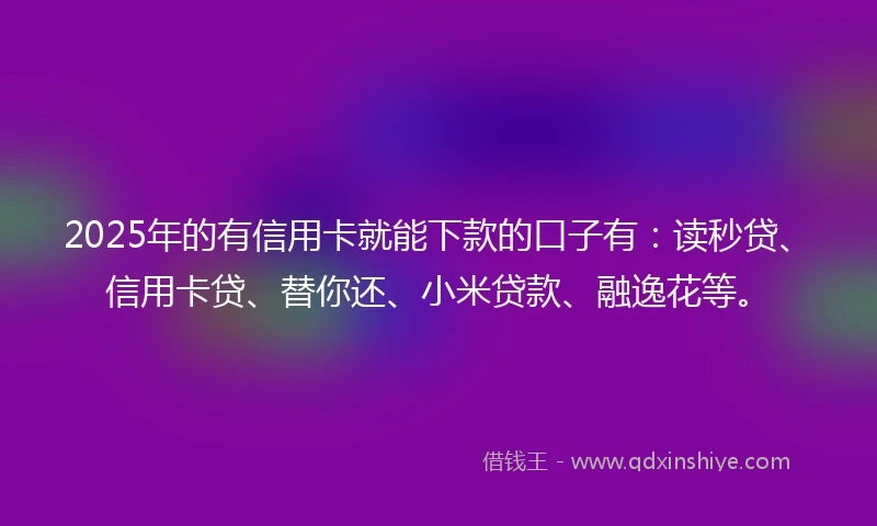 2025年的有信用卡就能下款的口子有：读秒贷、信用卡贷、替你还、小米贷款、融逸花等。