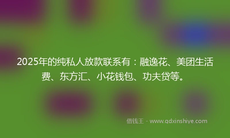 2025年的纯私人放款联系有：融逸花、美团生活费、东方汇、小花钱包、功夫贷等。