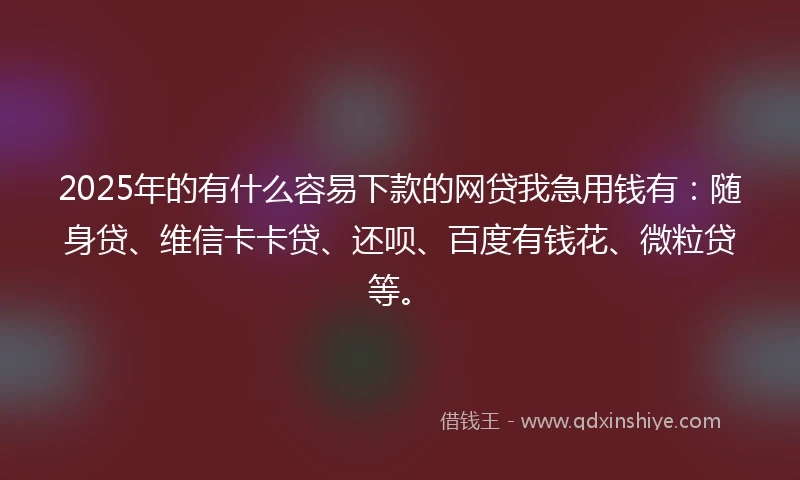 2025年的有什么容易下款的网贷我急用钱有：随身贷、维信卡卡贷、还呗、百度有钱花、微粒贷等。