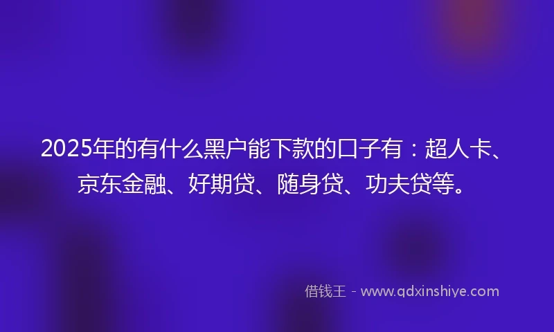 2025年的有什么黑户能下款的口子有：超人卡、京东金融、好期贷、随身贷、功夫贷等。