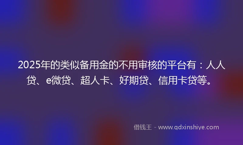 2025年的类似备用金的不用审核的平台有：人人贷、e微贷、超人卡、好期贷、信用卡贷等。