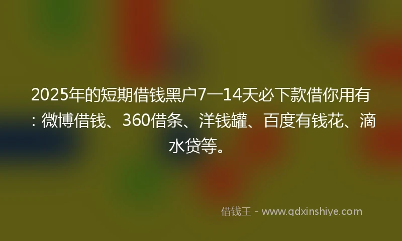 2025年的短期借钱黑户7一14天必下款借你用有：微博借钱、360借条、洋钱罐、百度有钱花、滴水贷等。