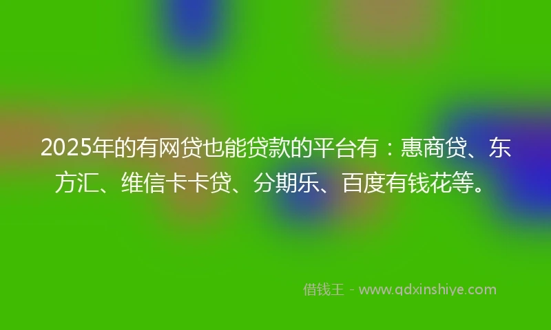 2025年的有网贷也能贷款的平台有：惠商贷、东方汇、维信卡卡贷、分期乐、百度有钱花等。