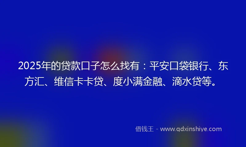 2025年的贷款口子怎么找有：平安口袋银行、东方汇、维信卡卡贷、度小满金融、滴水贷等。