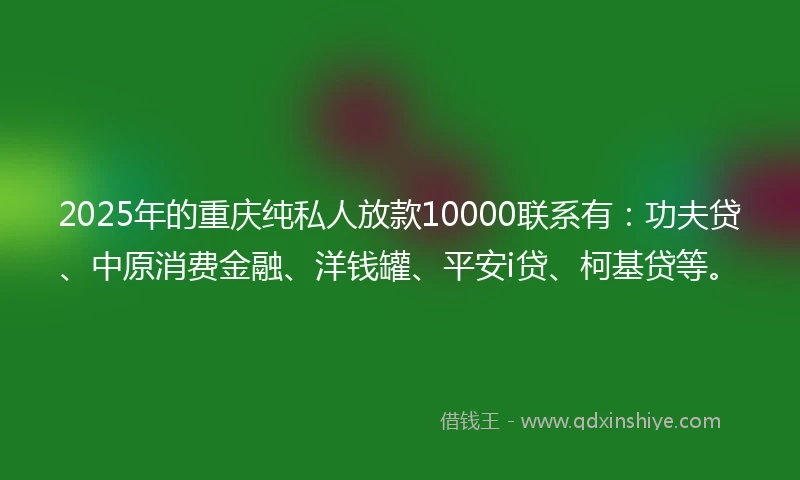 2025年的重庆纯私人放款10000联系有：功夫贷、中原消费金融、洋钱罐、平安i贷、柯基贷等。