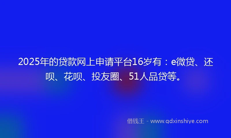2025年的贷款网上申请平台16岁有：e微贷、还呗、花呗、投友圈、51人品贷等。
