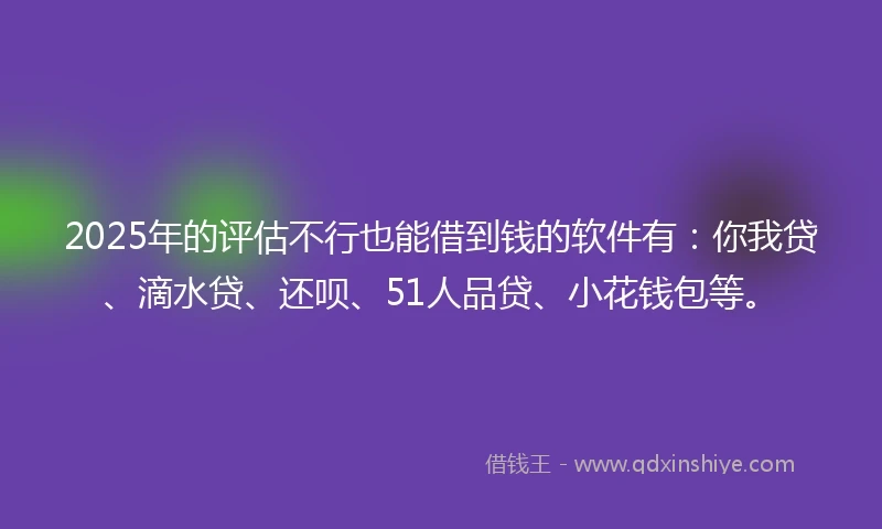 2025年的评估不行也能借到钱的软件有：你我贷、滴水贷、还呗、51人品贷、小花钱包等。