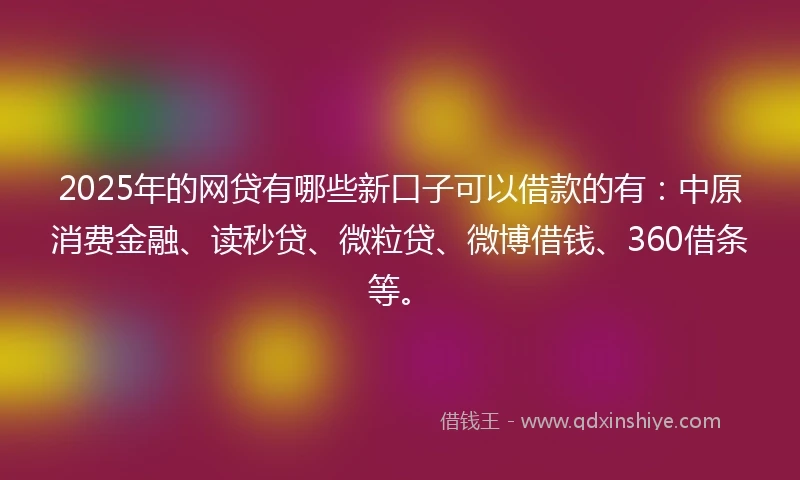 2025年的网贷有哪些新口子可以借款的有：中原消费金融、读秒贷、微粒贷、微博借钱、360借条等。