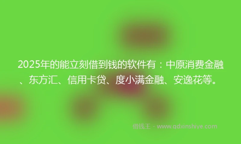 2025年的能立刻借到钱的软件有：中原消费金融、东方汇、信用卡贷、度小满金融、安逸花等。