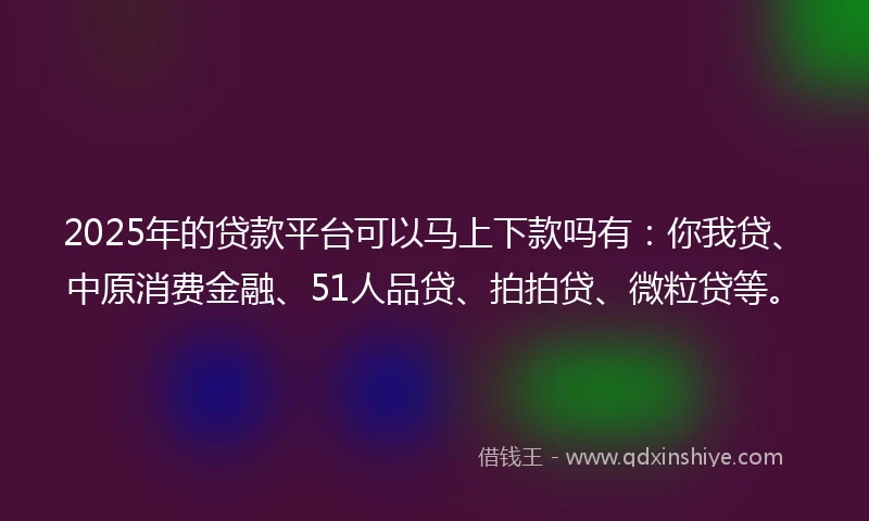 2025年的贷款平台可以马上下款吗有：你我贷、中原消费金融、51人品贷、拍拍贷、微粒贷等。
