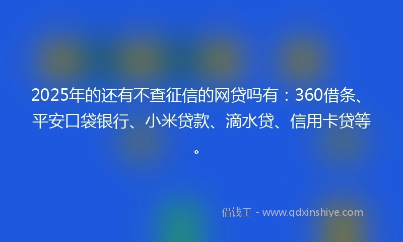 2025年的还有不查征信的网贷吗有：360借条、平安口袋银行、小米贷款、滴水贷、信用卡贷等。