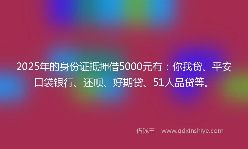 2025年的身份证抵押借5000元有：你我贷、平安口袋银行、还呗、好期贷、51人品贷等。