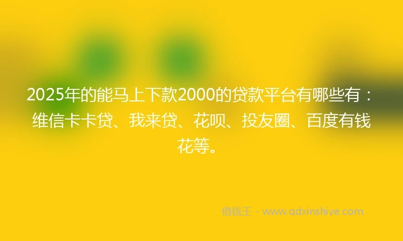 2025年的能马上下款2000的贷款平台有哪些有：维信卡卡贷、我来贷、花呗、投友圈、百度有钱花等。