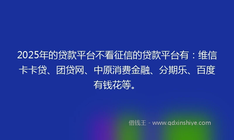 2025年的贷款平台不看征信的贷款平台有：维信卡卡贷、团贷网、中原消费金融、分期乐、百度有钱花等。