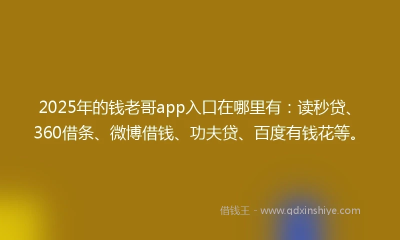 2025年的钱老哥app入口在哪里有:读秒贷、360借条、微博借钱、功夫贷、百度有钱花等。