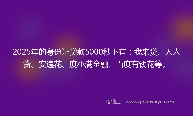 2025年的身份证贷款5000秒下有：我来贷、人人贷、安逸花、度小满金融、百度有钱花等。
