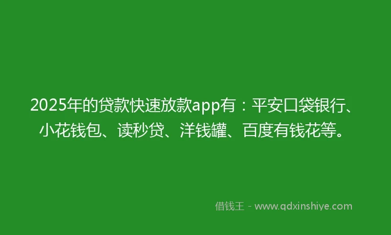 2025年的贷款快速放款app有：平安口袋银行、小花钱包、读秒贷、洋钱罐、百度有钱花等。
