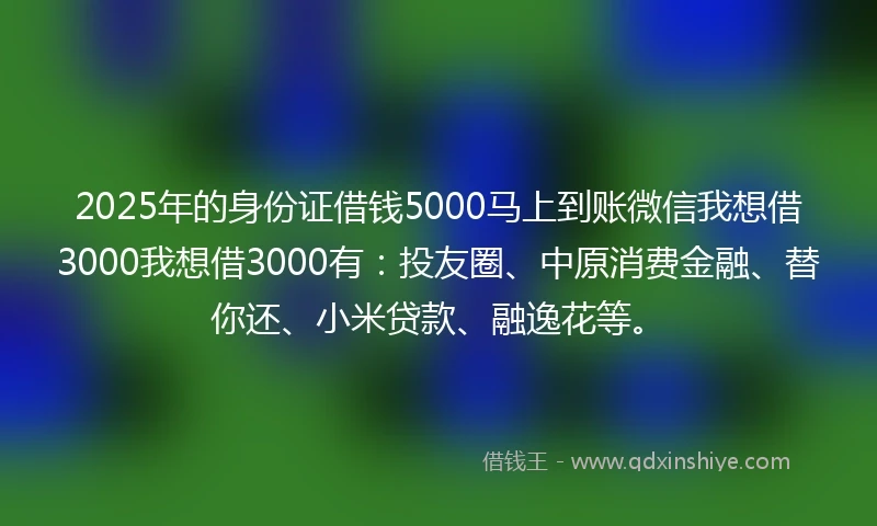 2025年的身份证借钱5000马上到账微信我想借3000我想借3000有：投友圈、中原消费金融、替你还、小米贷款、融逸花等。