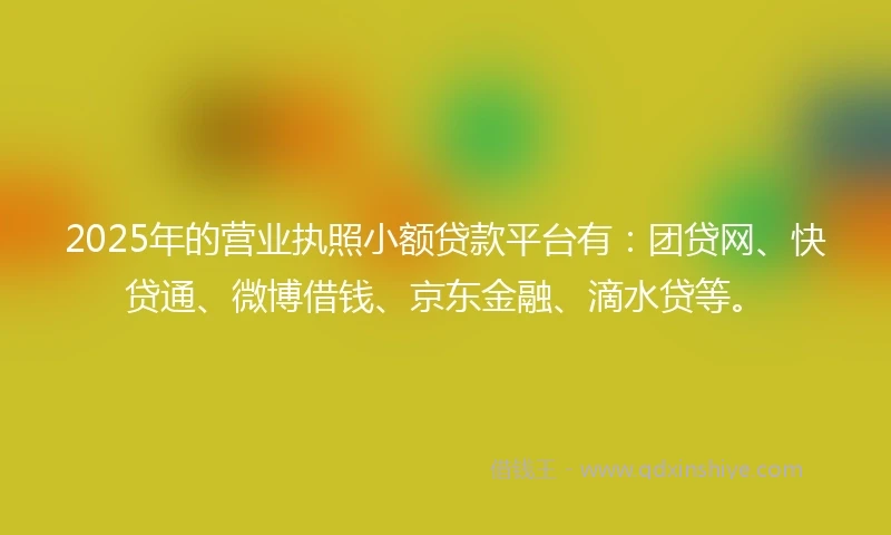 2025年的营业执照小额贷款平台有：团贷网、快贷通、微博借钱、京东金融、滴水贷等。
