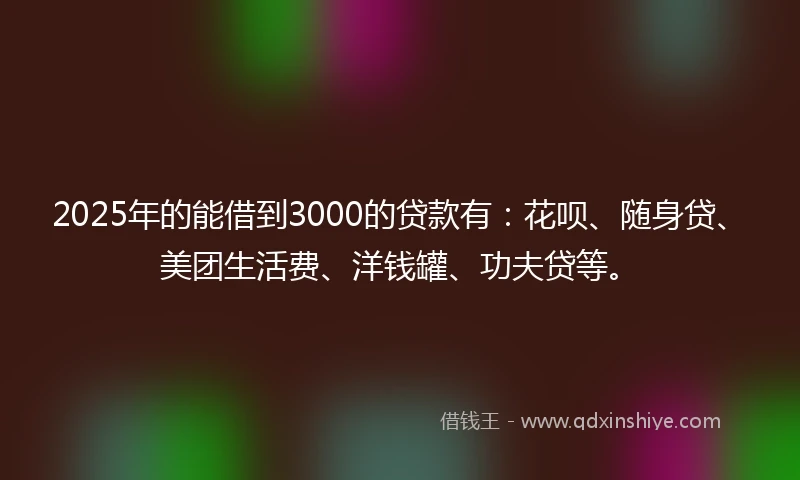 2025年的能借到3000的贷款有：花呗、随身贷、美团生活费、洋钱罐、功夫贷等。
