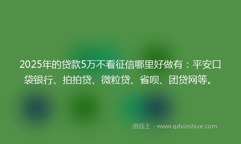 2025年的贷款5万不看征信哪里好做有：平安口袋银行、拍拍贷、微粒贷、省呗、团贷网等。