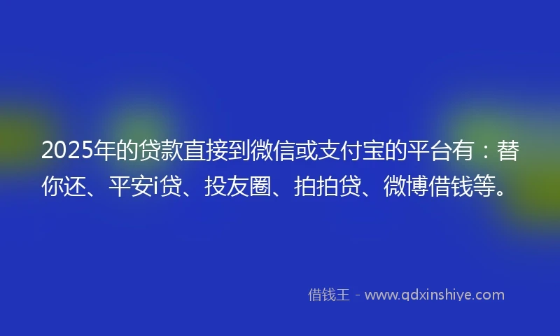 2025年的贷款直接到微信或支付宝的平台有：替你还、平安i贷、投友圈、拍拍贷、微博借钱等。