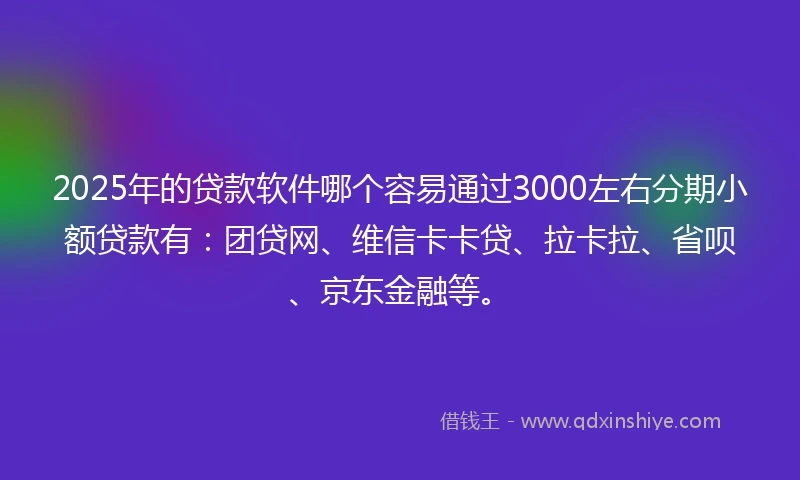 2025年的贷款软件哪个容易通过3000左右分期小额贷款有：团贷网、维信卡卡贷、拉卡拉、省呗、京东金融等。