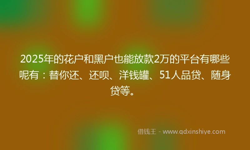 2025年的花户和黑户也能放款2万的平台有哪些呢有：替你还、还呗、洋钱罐、51人品贷、随身贷等。