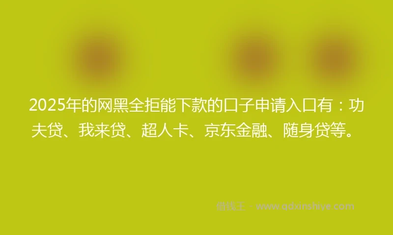 2025年的网黑全拒能下款的口子申请入口有：功夫贷、我来贷、超人卡、京东金融、随身贷等。