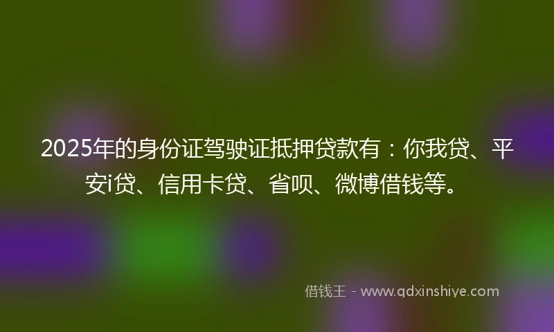 2025年的身份证驾驶证抵押贷款有：你我贷、平安i贷、信用卡贷、省呗、微博借钱等。