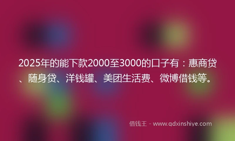 2025年的能下款2000至3000的口子有：惠商贷、随身贷、洋钱罐、美团生活费、微博借钱等。