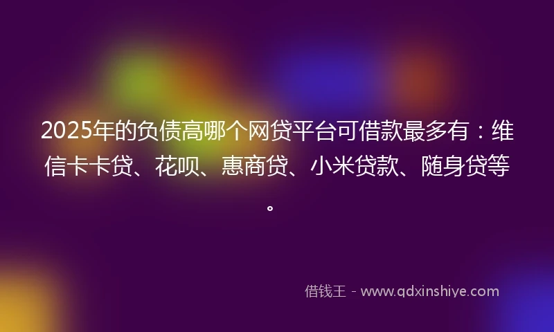2025年的负债高哪个网贷平台可借款最多有：维信卡卡贷、花呗、惠商贷、小米贷款、随身贷等。