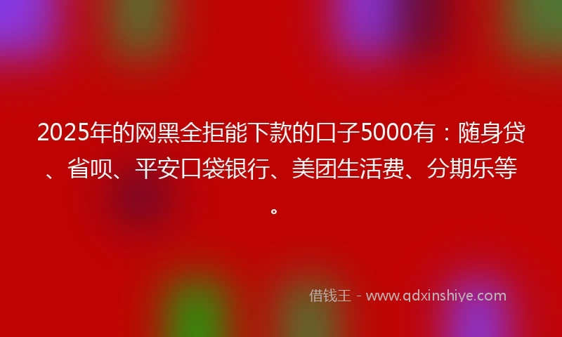 2025年的网黑全拒能下款的口子5000有：随身贷、省呗、平安口袋银行、美团生活费、分期乐等。