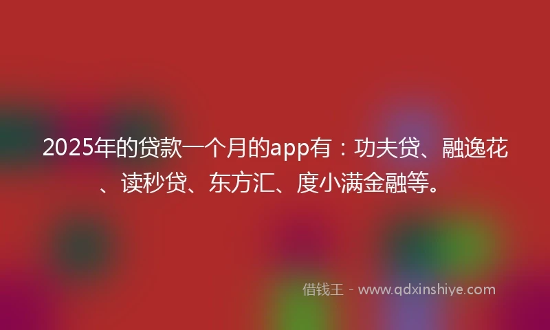 2025年的贷款一个月的app有：功夫贷、融逸花、读秒贷、东方汇、度小满金融等。