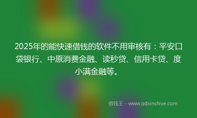 2025年的能快速借钱的软件不用审核有：平安口袋银行、中原消费金融、读秒贷、信用卡贷、度小满金融等。