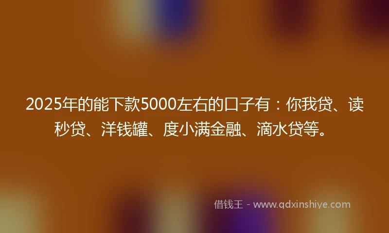 2025年的能下款5000左右的口子有：你我贷、读秒贷、洋钱罐、度小满金融、滴水贷等。