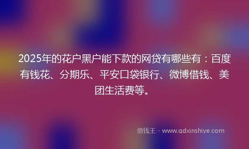 2025年的花户黑户能下款的网贷有哪些有：百度有钱花、分期乐、平安口袋银行、微博借钱、美团生活费等。