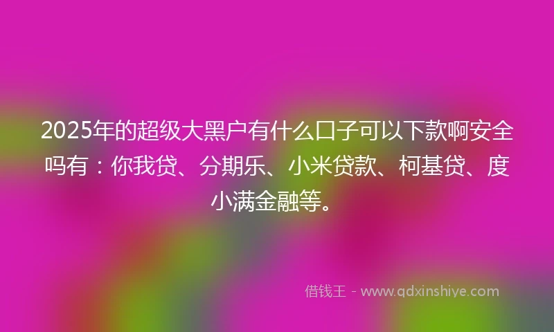 2025年的超级大黑户有什么口子可以下款啊安全吗有：你我贷、分期乐、小米贷款、柯基贷、度小满金融等。