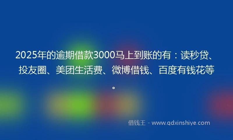 2025年的逾期借款3000马上到账的有：读秒贷、投友圈、美团生活费、微博借钱、百度有钱花等。