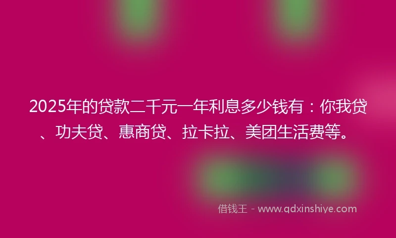 2025年的贷款二千元一年利息多少钱有：你我贷、功夫贷、惠商贷、拉卡拉、美团生活费等。