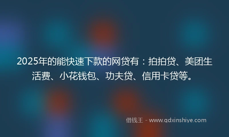 2025年的能快速下款的网贷有：拍拍贷、美团生活费、小花钱包、功夫贷、信用卡贷等。