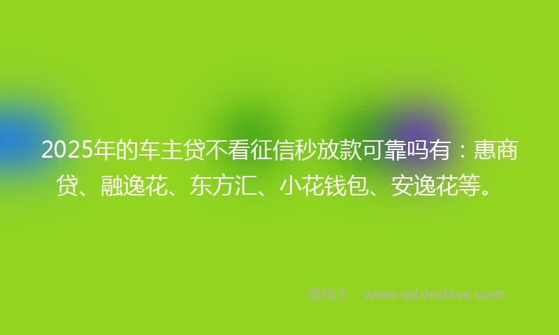 2025年的车主贷不看征信秒放款可靠吗有：惠商贷、融逸花、东方汇、小花钱包、安逸花等。