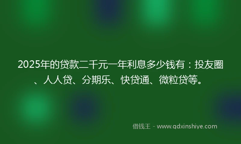 2025年的贷款二千元一年利息多少钱有：投友圈、人人贷、分期乐、快贷通、微粒贷等。