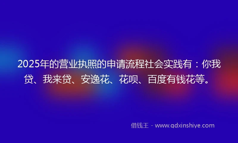 2025年的营业执照的申请流程社会实践有：你我贷、我来贷、安逸花、花呗、百度有钱花等。