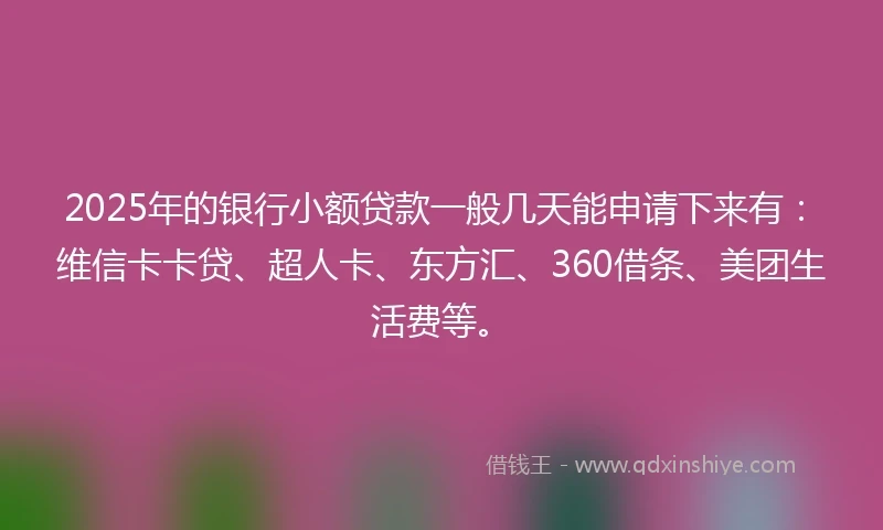 2025年的银行小额贷款一般几天能申请下来有：维信卡卡贷、超人卡、东方汇、360借条、美团生活费等。