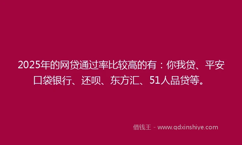 2025年的网贷通过率比较高的有：你我贷、平安口袋银行、还呗、东方汇、51人品贷等。