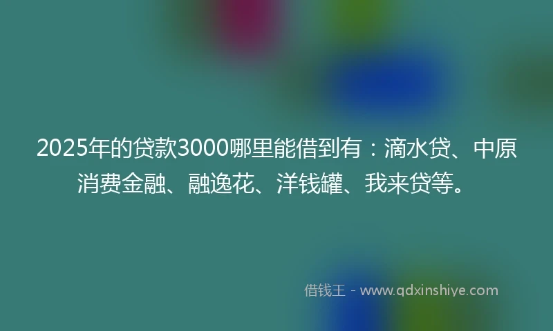 2025年的贷款3000哪里能借到有：滴水贷、中原消费金融、融逸花、洋钱罐、我来贷等。